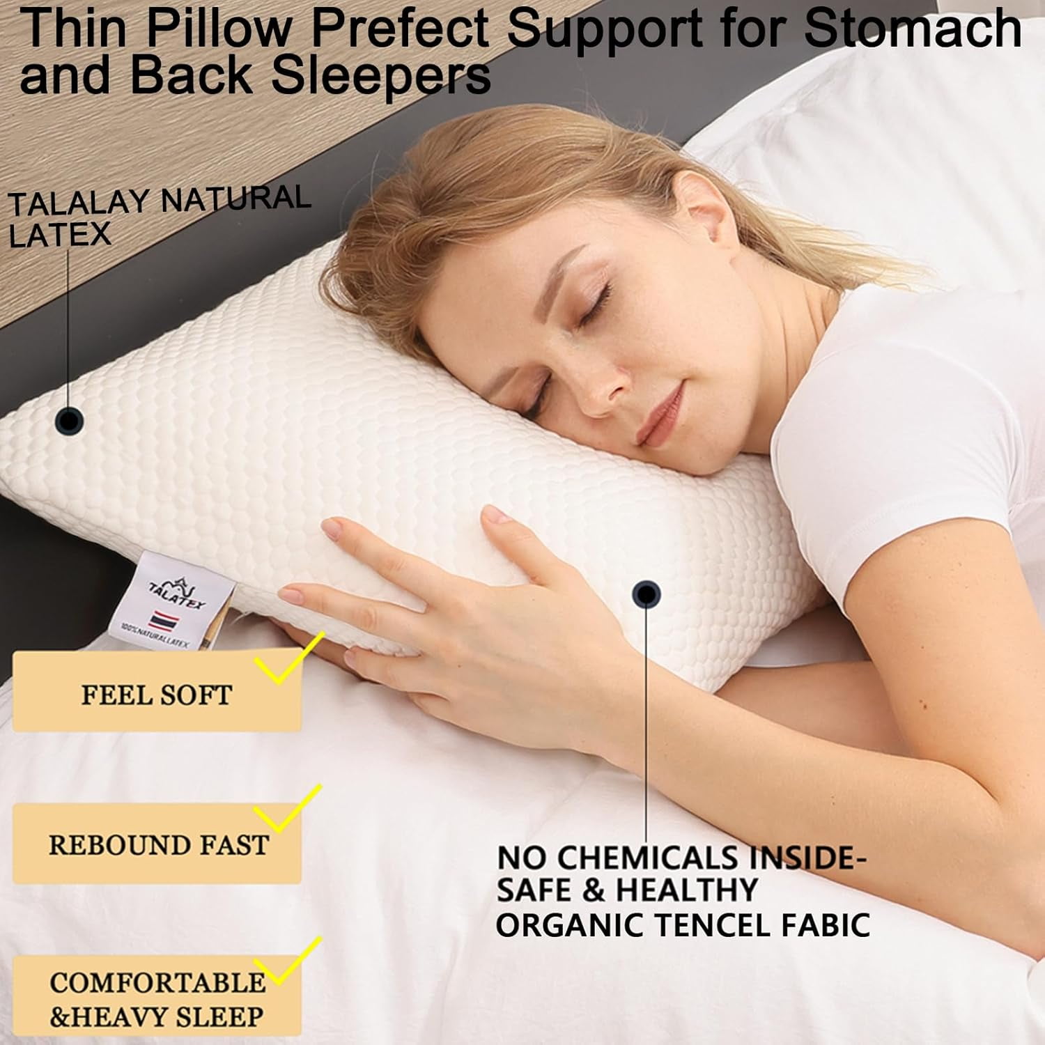 Talatex 2.7" Ultra Thin Natural Latex Pillow, Low Profile Flat Pillow for Stomach & Back Sleepers, Breathable Cervical Neck Support