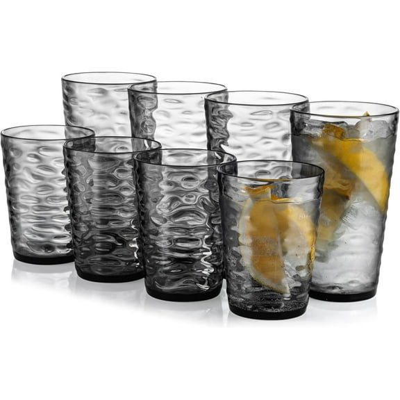 14-ounce and 20-ounce Plastic Tumblers, Acrylic Drinking Glasses, set of 8 Gray Reusable Plastic Cups, Stackable, BPA-Free, Shatter-Proof, Dishwasher-Safe
