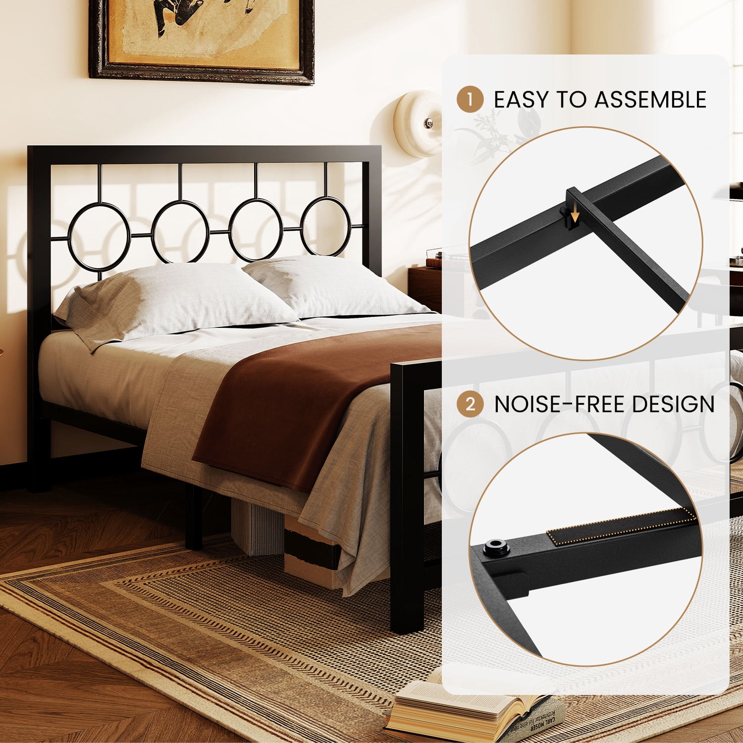 Amolife Full Size Bed Frame, Metal Platform Bed with Vintage Circular Headboard & Footboard, Black