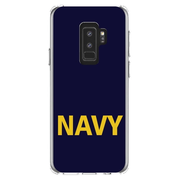 DistinctInk Clear Shockproof Hybrid Case for Samsung Galaxy S9  PLUS (6.2" Screen) - TPU Bumper, Acrylic Back, Tempered Glass Screen Protector - Yellow Navy - Support for the Navy