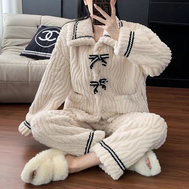 Pijamas de mujer otoño e invierno de franela para el hogar, forro polar coral grueso con forro polar dulce