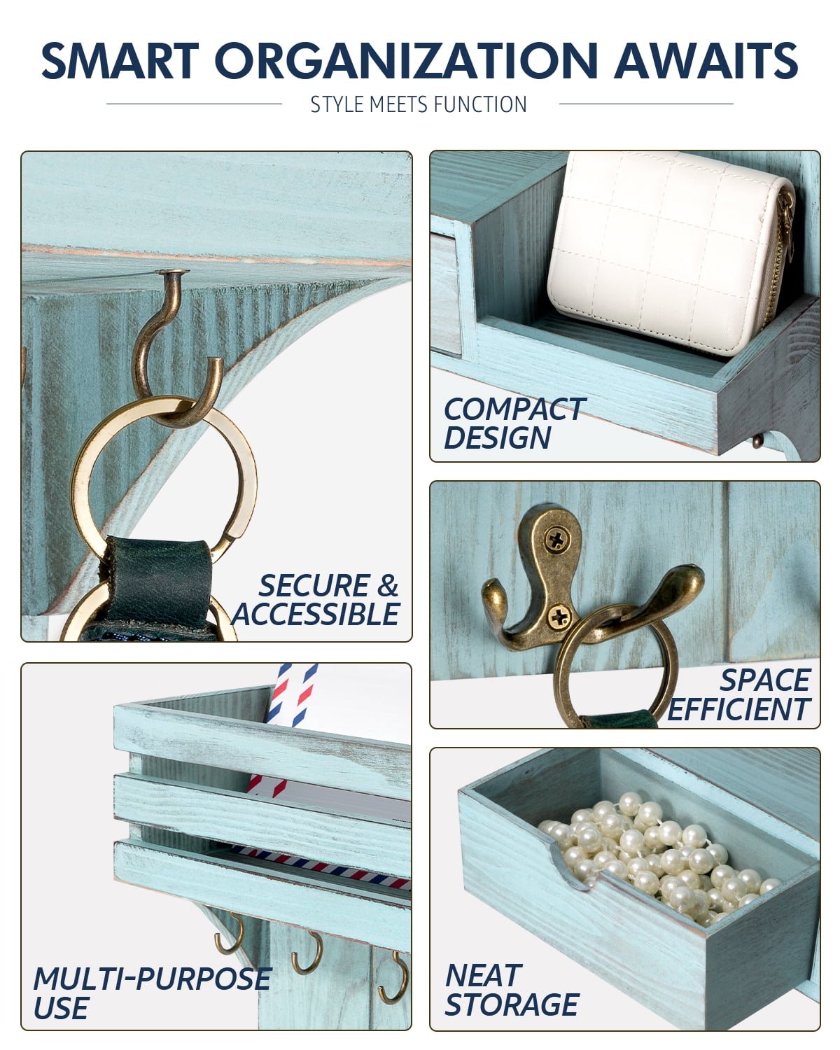 Rebee Vision Rustic Key Holder Wall Mount for Home Decor - Mail Organizer with 9 Key Hooks and Mini Drawer Organizer (Blue, 12inch)