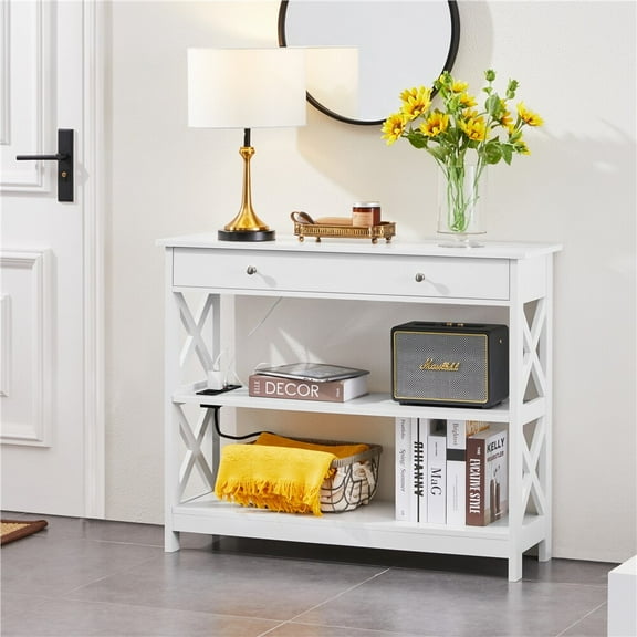 ZOPan Wood Console Table with Outlet Entryway Table with Drawer & Storage Shelves,White with Power Outlets