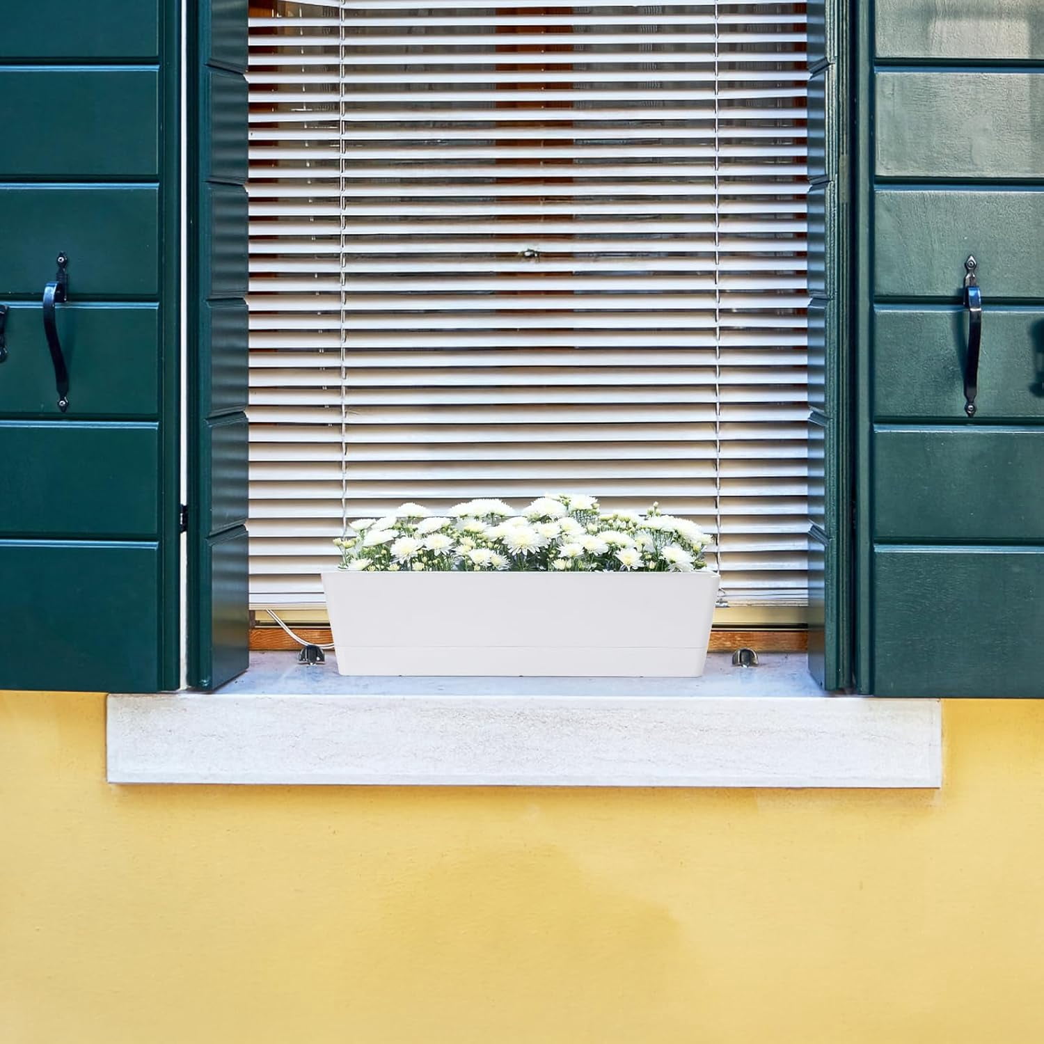Herb Planter with Tray, 1 Pack 12x3.8 Inch Rectangle Window Box, Indoor Succulent Flowers Succulent Plastic Pot for Windowsill, Garden, Balcony, Office Outdoor Decoration - White