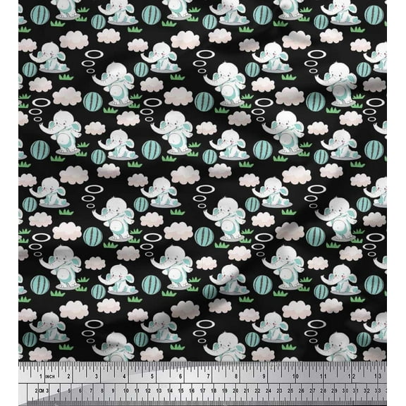 Soimoi Cotton Duck Fabric Cloud,Ball & Elephant Kids Decor Fabric Printed Yard 42 Inch Wide