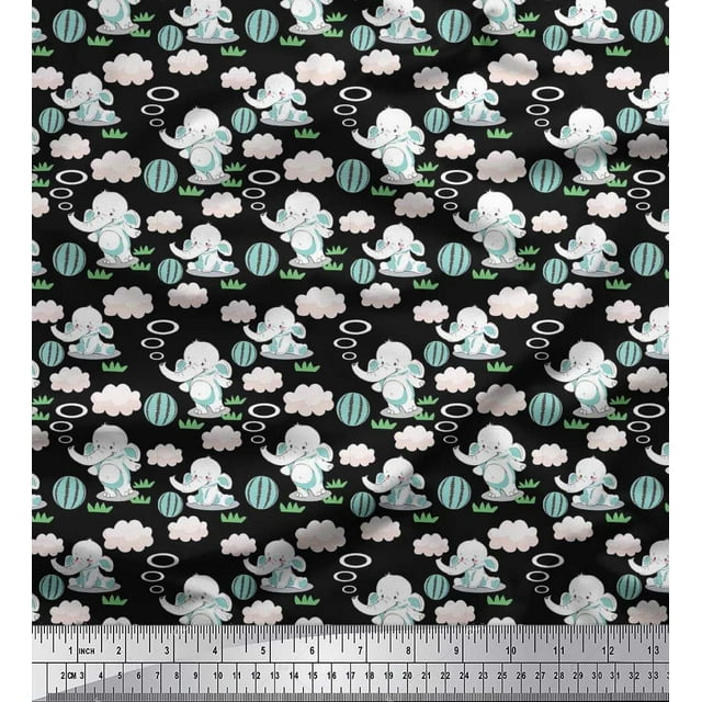Soimoi Velvet Fabric Cloud,Ball & Elephant Kids Printed Fabric 1 Yard 58 Inch Wide