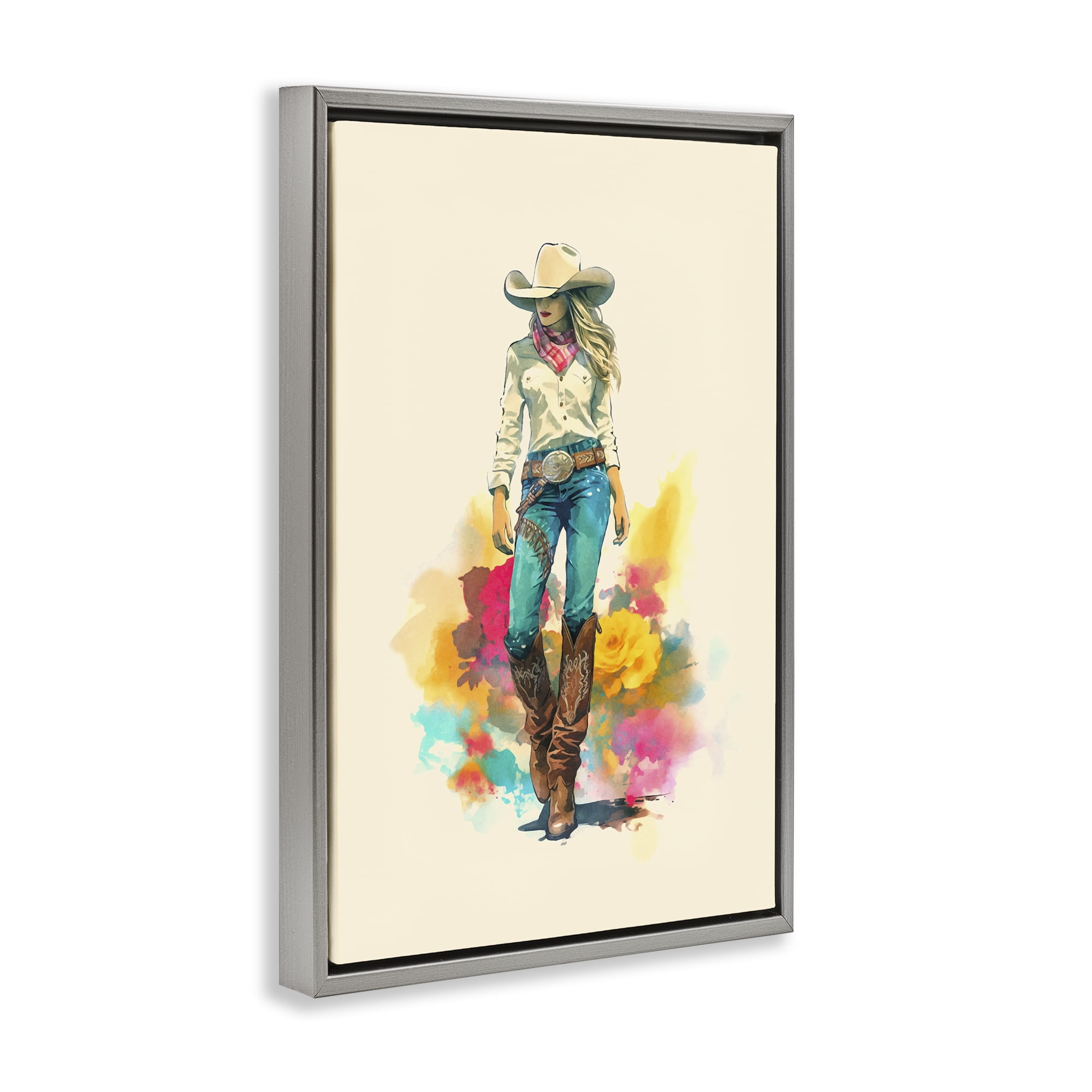 Stupell Industries Prairie Princess Cowgirl People Painting Gray Floater Framed Canvas Art Print Wall Art, 17 x 25