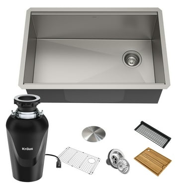 Kraus Kore Workstation 27-inch Undermount 16 Gauge Single Bowl Stainless Steel Kitchen Sink with Accessories (Pack of 5) with Waste Guard Continuous Feed Garbage Disposal
