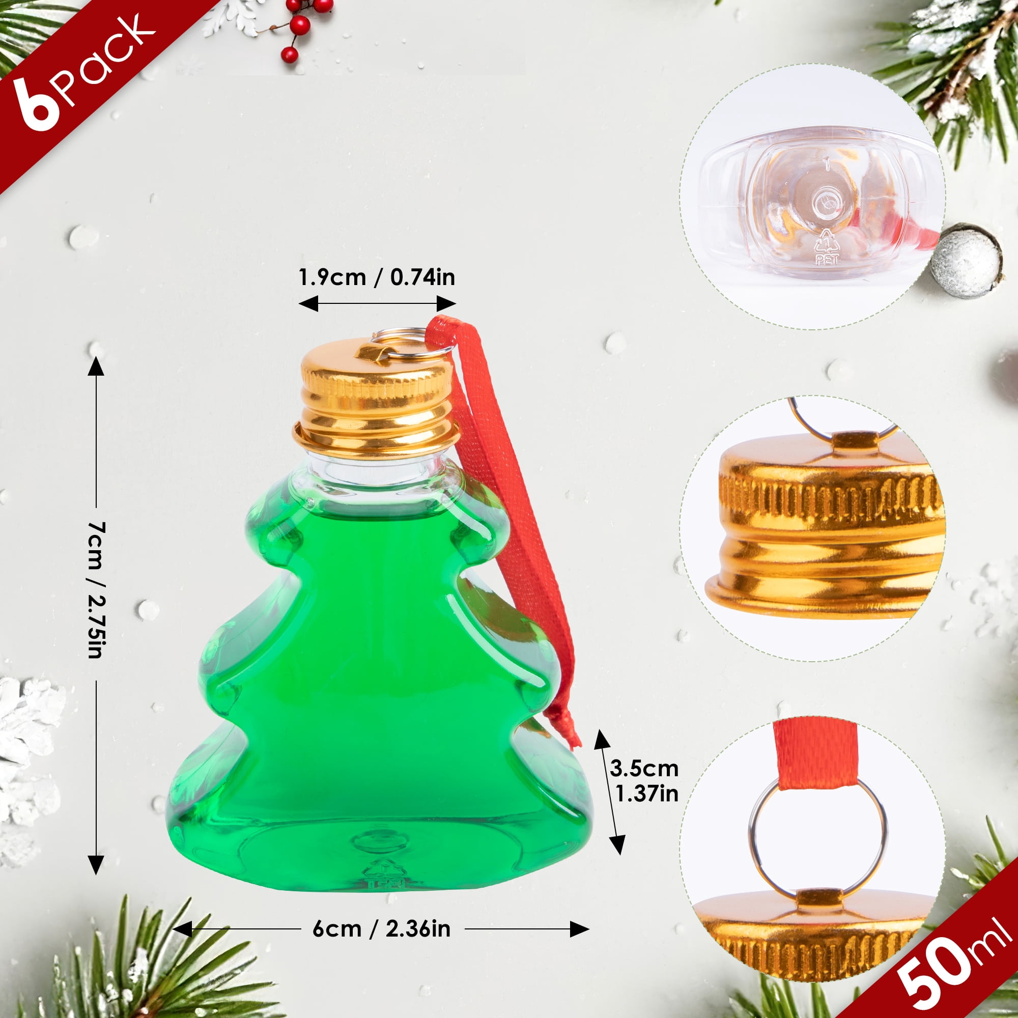 Fillable Christmas Ornament Drink Balls, 50ml Reusable Plastic Tree-Shape Baubles for Hanging Holiday Decor, 6 Pack