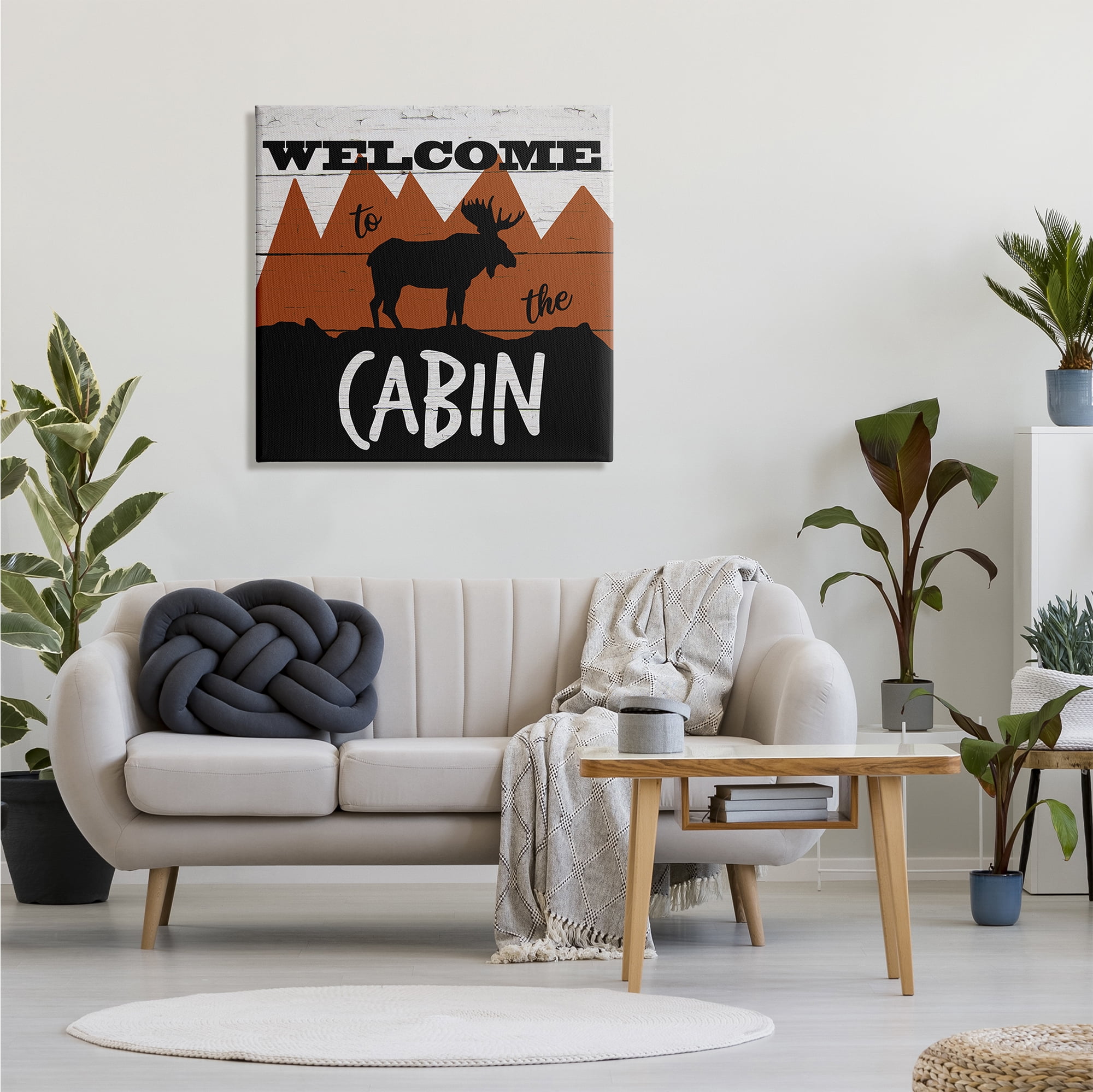 Stupell Industries Welcome To Cabin Phrase Rustic Moose Orange Mountains Animals & Insects Painting Gallery Wrapped Canvas Print Wall Art, 30 x 30