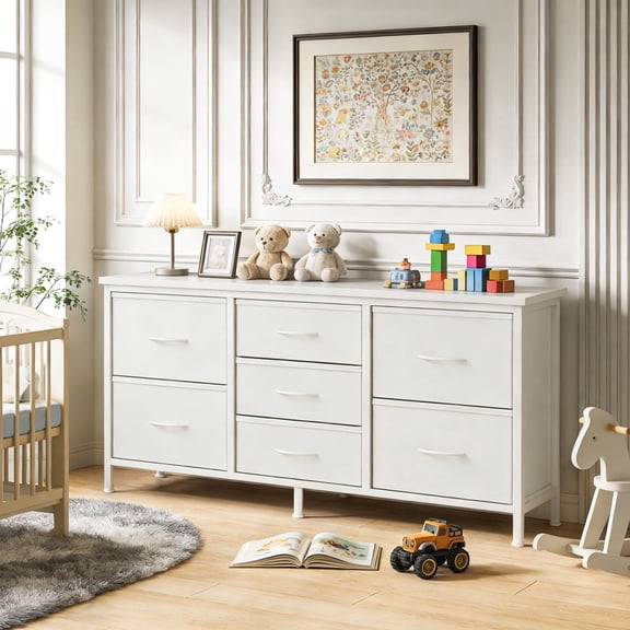 Dresser, Betcozy Storage Organizer with 7 Drawers for Bedroom, Chest of Drawers with Fabric Bins, Sturdy Metal Frame, Wood Tabletop for Guest Room, Closet, Entryway, Nursery, White