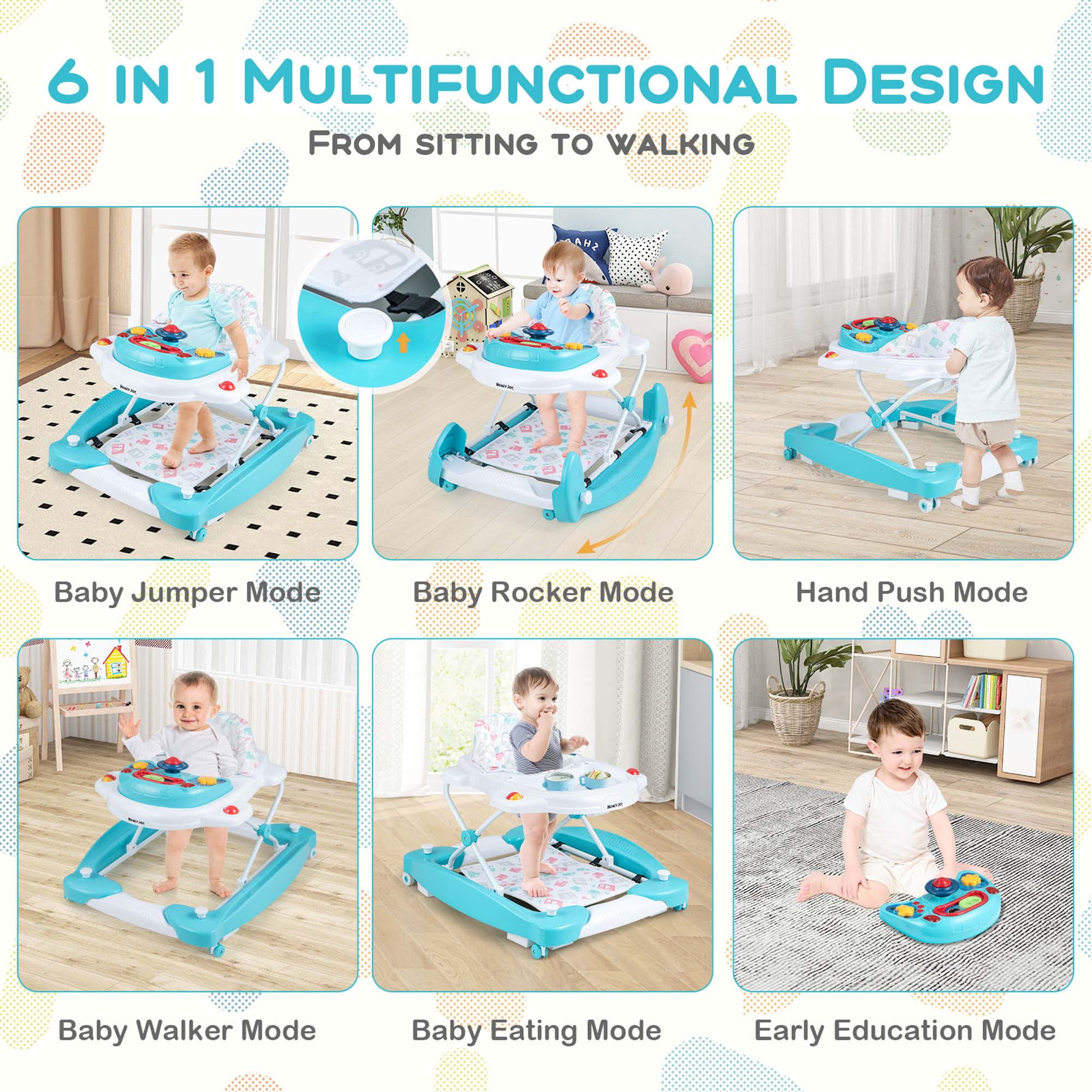 Costway 6 in 1 Baby Walker Adjustable Walker & Activity Center with Music 6-14 Months Green