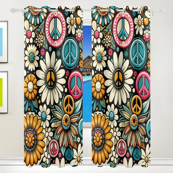 Daisy Flower Peace Symbol Curtains Black Out 72 Inch Length Curtains for Sliding Glass Doors Bedroom Living Room 2 Pack