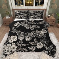 jejeloiu Gothic Skull Skeleton Full Size Comforter Sets,Boho Bohemian Moth Bedding Comforter Set,Beige Black Bedding Sets For Men Women,Microfiber Bedroom Decor Reversible,3 Pieces