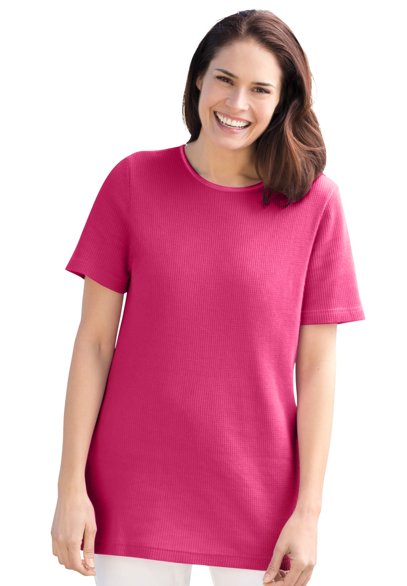 Woman Within Womens Plus Size Satin-Trimmed Crewneck Thermal Tee