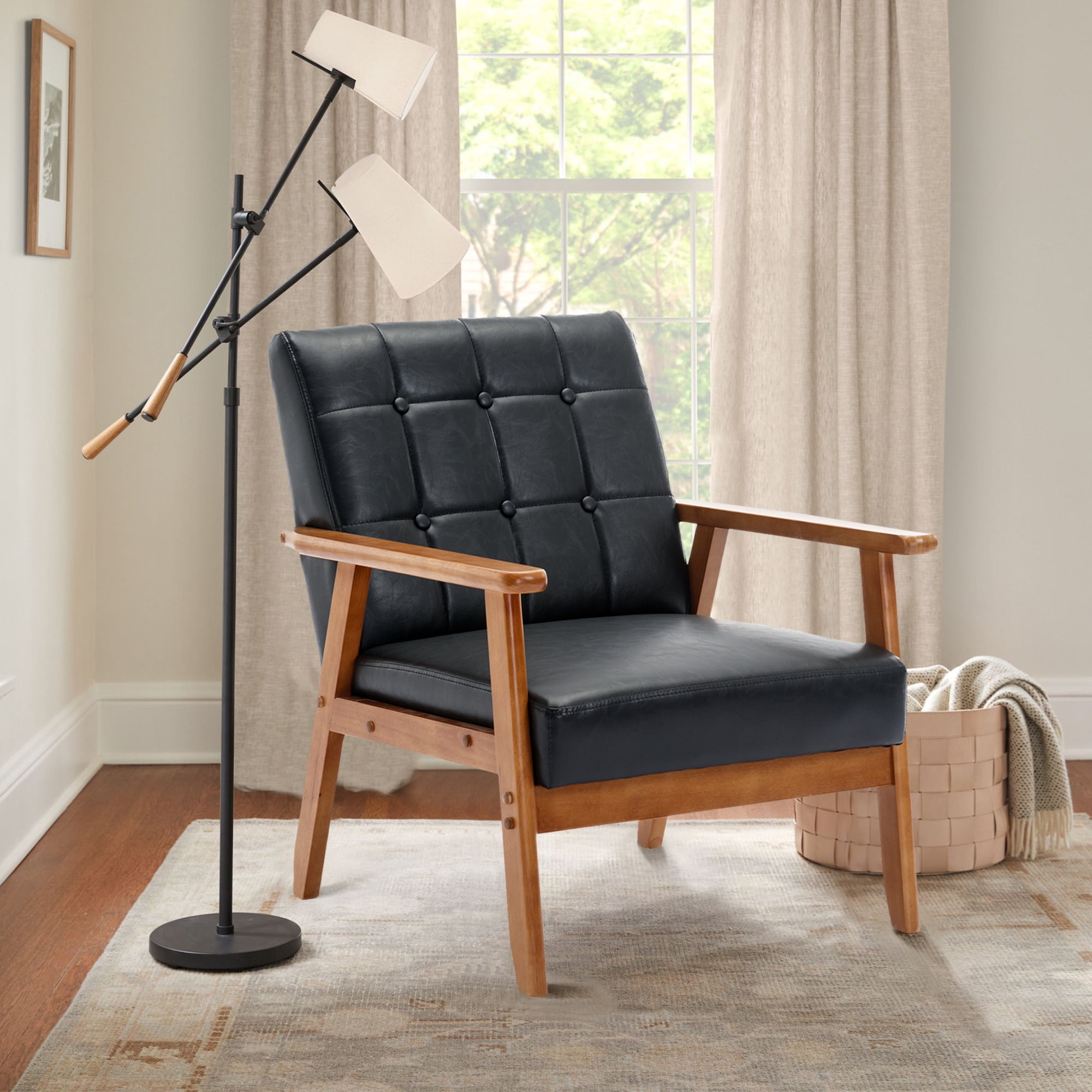 Miniyam Mid Century Modern Accent Chair with Wood Frame,PU Leather Single Reading Chair,Armchair for Living Room Bedroom Home Belcony Office,Black