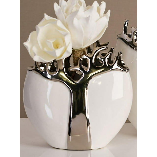 Oval Ceramic Vase With Metal Tree Design - White/silver (21x9 Cm)
