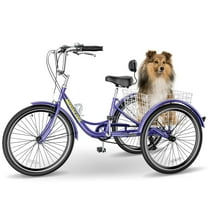 MOPHOTO Adult Tricycles 3 Wheel 7 Speed Trikes, 24 inch with Big Basket for Shopping, Picnics Exercise Men Women's Cruiser Bike, Purple