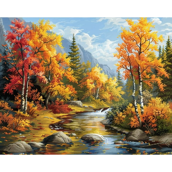 Beautiful Landscape Autumn Trees and River DIY 11CT Stamped Cross Stitch Kits for Beginners Easy Needlepoint Embroidery Counted Cross Stitch Art Craft for Wall Decoration 12x16inch(1)