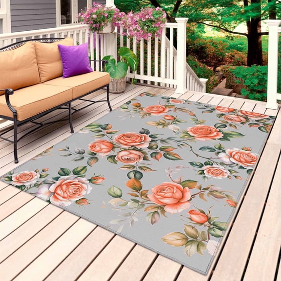 Red Rose Outdoor Rug for Patio/Deck/Porch, Non-Slip Large Area Rug 6 x 9 Ft, Farmhouse Romantic Botanical Floral Vines Indoor Outdoor Rugs Washable Area Rugs, Reversible Camping Rug Carpet Runner