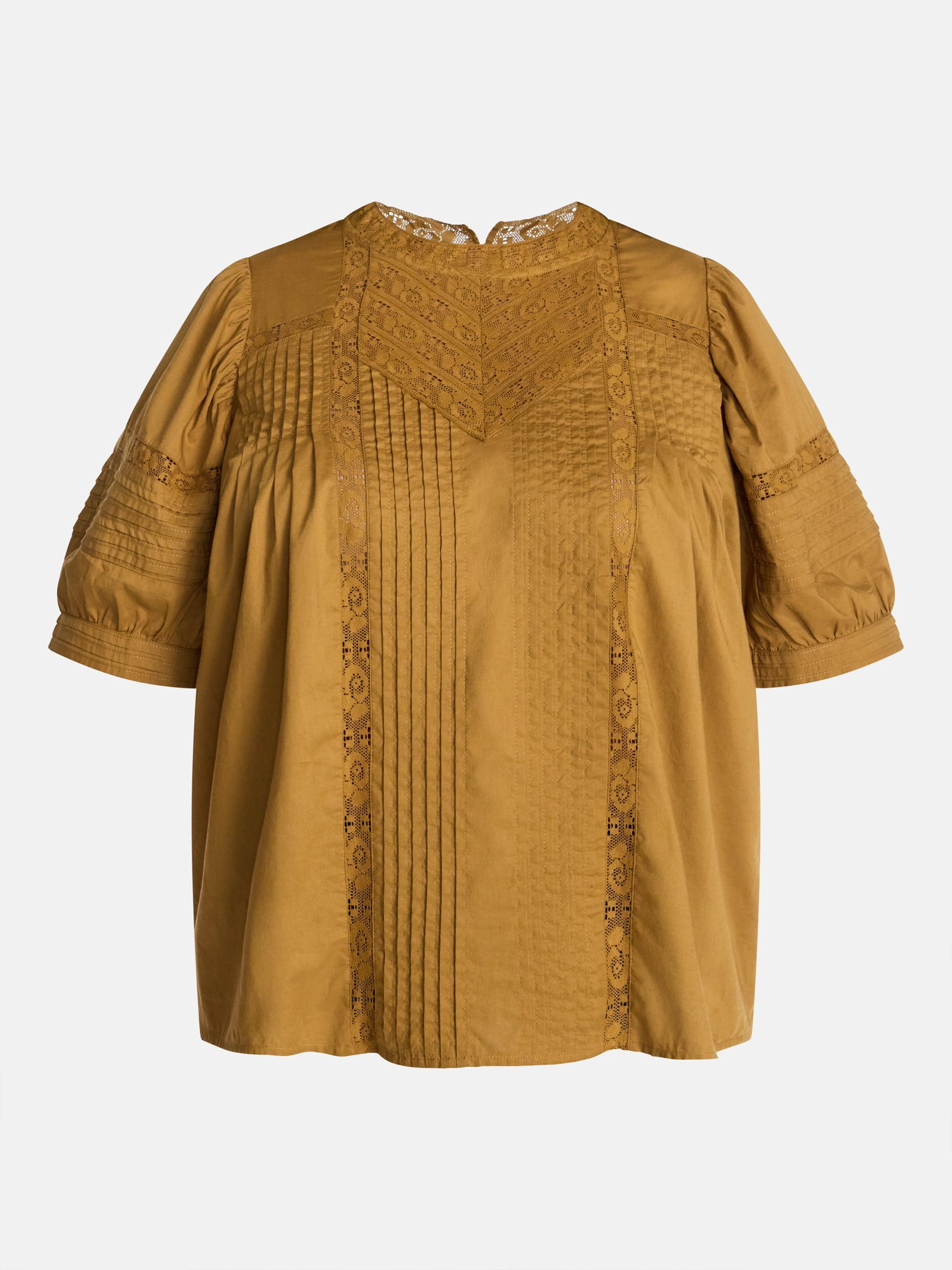 Terra & Sky Women's Plus Lace Trim Swing Top with Elbow Length Puff Sleeves, Sizes 0X-5X