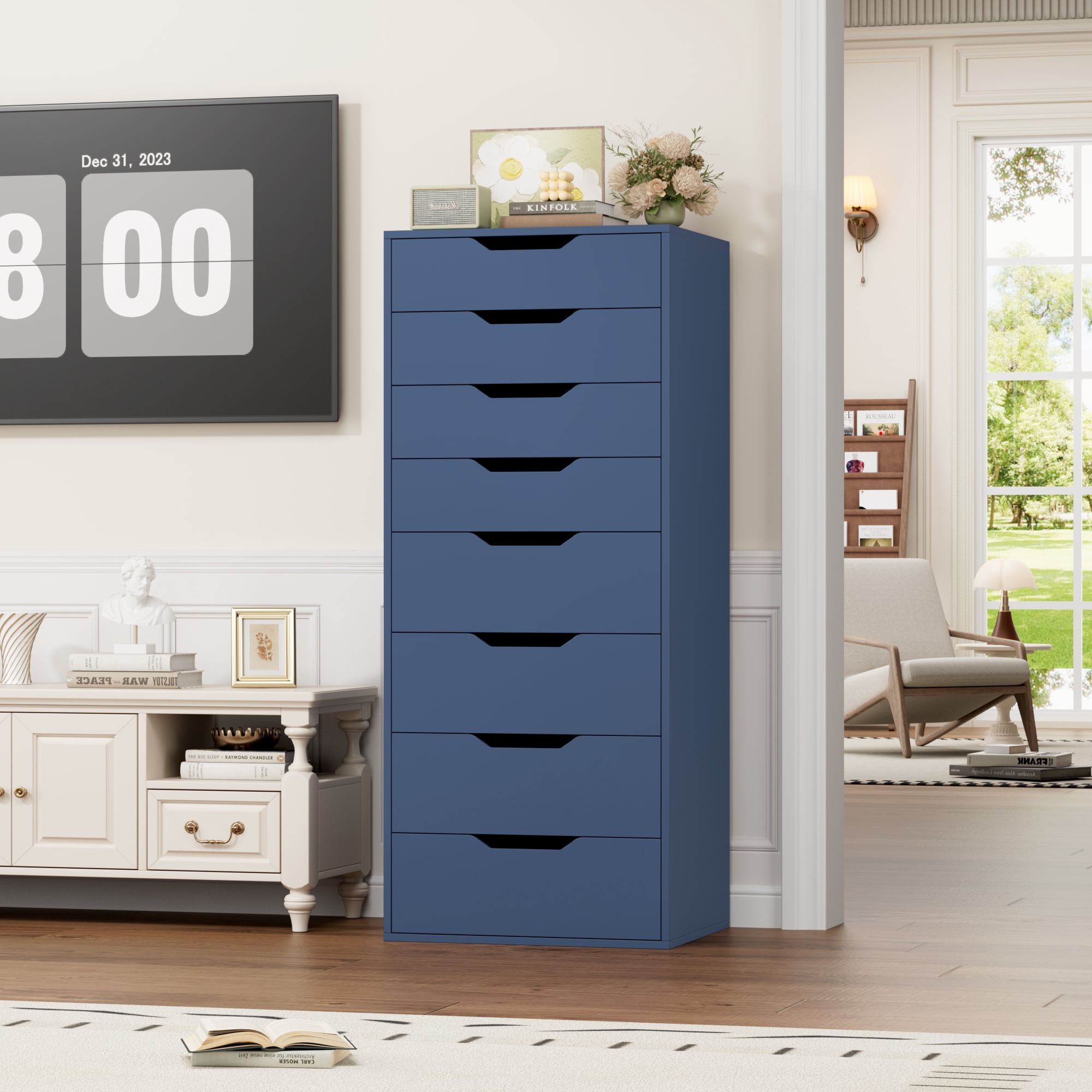 Homfa Compact 8 Drawer Bedroom Dresser for Small Spaces, Wood Tall Chest of Drawer, Blue