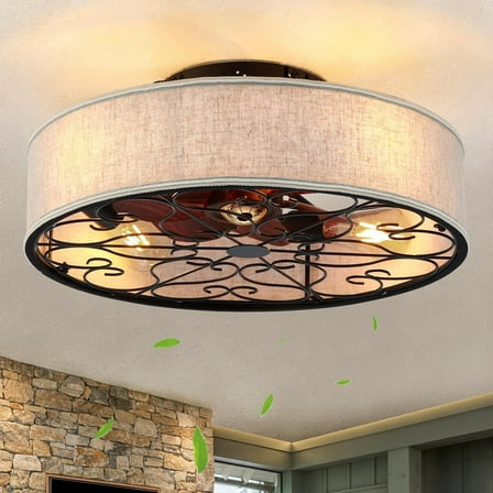 TICOZE 20 Inch Flush Mount Caged Ceiling Fan with Light - Low Profile Bladeless Farmhouse Fandalier with Remote, 6-Speed Reversible Motor for Bedroom, Kitchen, Living Room