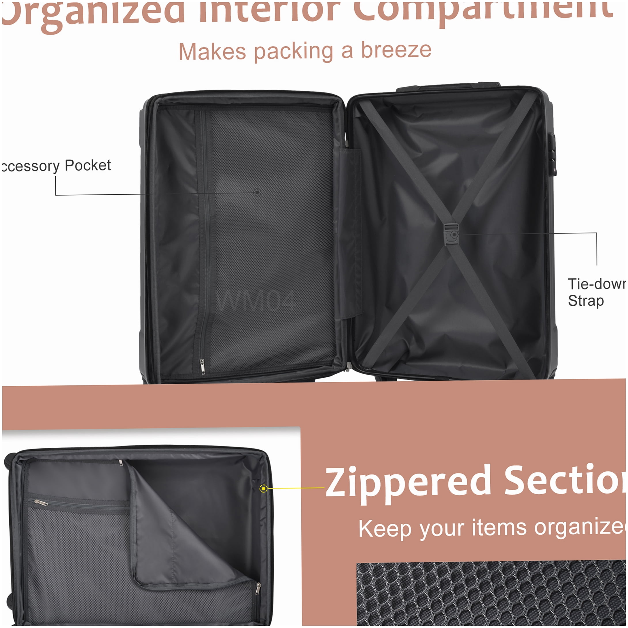 28" Hardshell Check-in Suitcase, Expandable TSA Lock Luggage with 4 Double Wheels, Lightweight ABS, Brown and White