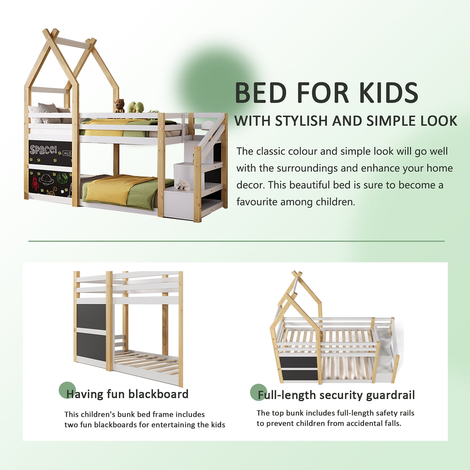 Spaco Bunk Bed Frame with Storage Stairs, House Bunk Bed Twin Over Twin for Boys Girls, Kids, White and Natural Spaco Bunk Bed Frame with Storage Stairs, House Bunk Bed Twin Over Twin for Boys Girls, Kids, White and Natural