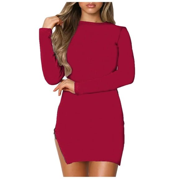 Womens Ribbed Long Leeve Tight Mini Dress Crewneck Solid Side Zipper Slim Fitted Short Mini Dress Pencil Dress