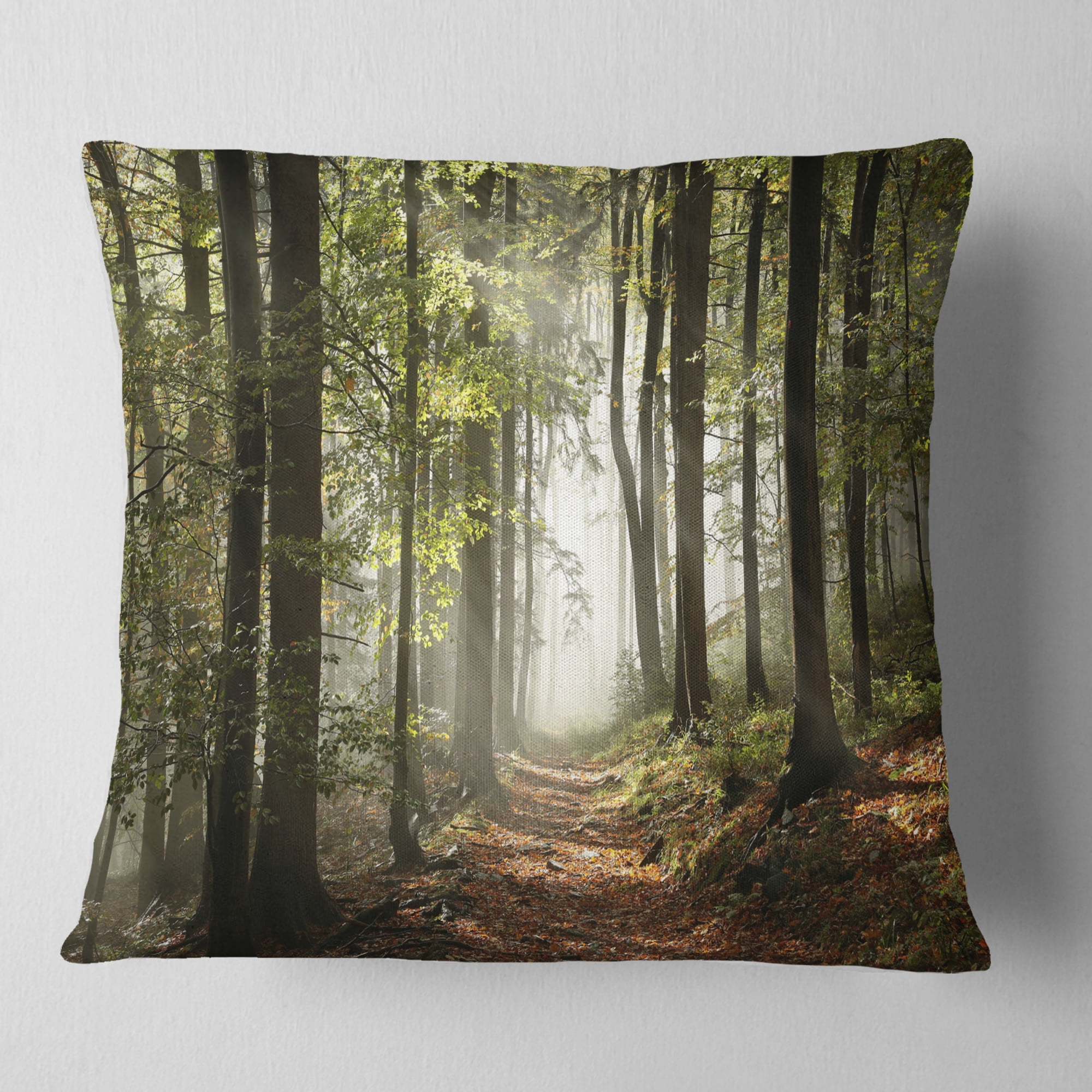 Designart Green Fall Forest with Sun Rays - Landscape Photography Throw Pillow - 18x18