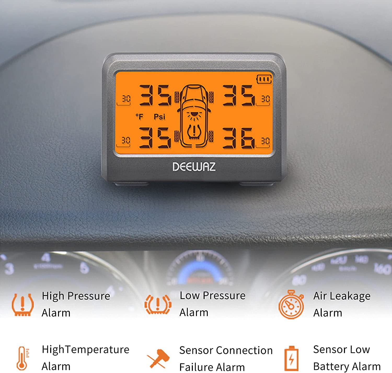 4 Waterproof Tyre Internal Sensors DEEWAZ Tire Pressure Monitoring System with Orange FSTN Monitor Motion Detection Magnetic Charging 0-116 PSI Solar TPMS for Car 