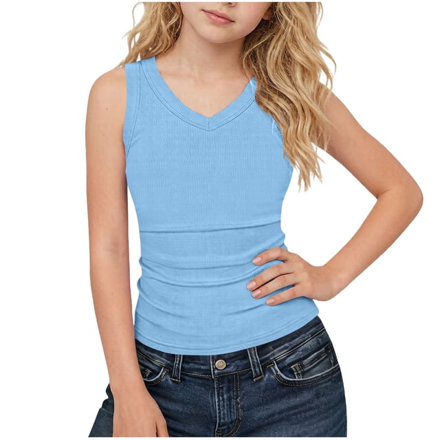 KyCheLot Ribbed Tank Tops for Girls V Neck Summer Solid Color Sleeveless Camisole Beach Vacation Fitted Tank Tops