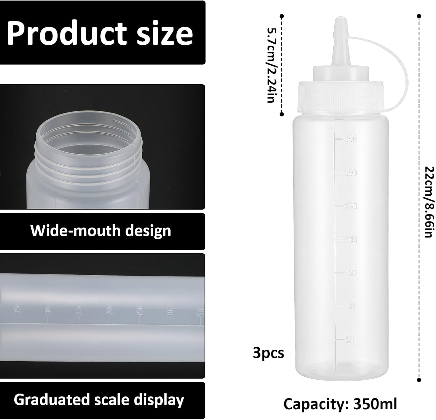 3 Pack 12oz Sauce Bottles Squeeze, Condiment Squeeze Bottles, Thickened Durable Plastic for Sauces, Oil, Syrup, And Arts, Translucent White