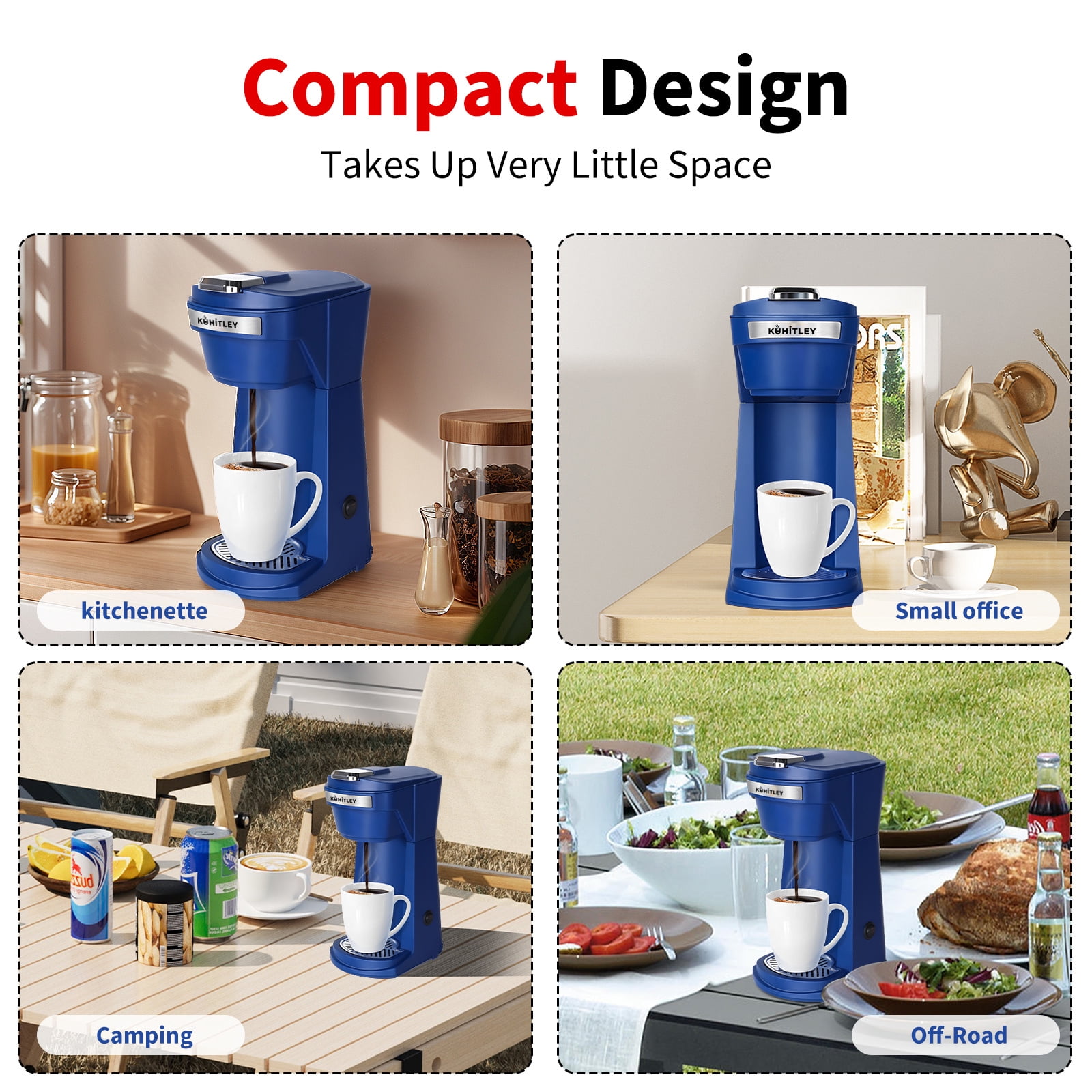 2 in 1 Single Serve Coffee Maker for K Cup Pods & Ground Coffee, Mini K Cup Coffee Machine with 6 to 14 oz Brew Sizes, Single Cup Coffee Brewer with One-Press Fast Brewing, Reusable Filters,Blue