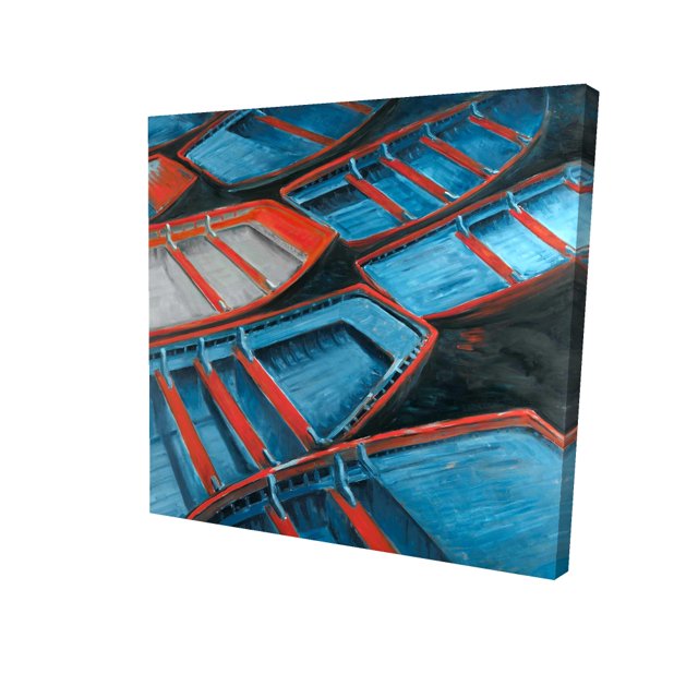 Petits Canoës Bleus et Rouges - Toile 24"x24 Pouces - Impression à la Demande