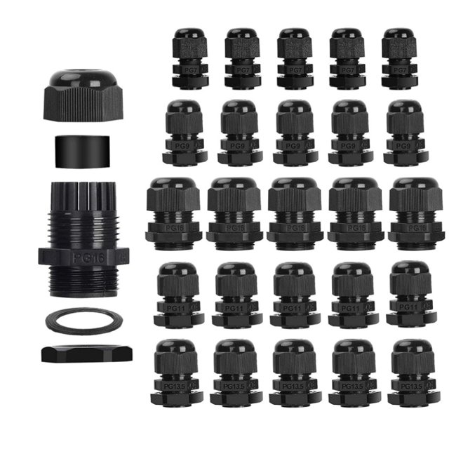 25 piezas de juntas de prensaestopas de cable ajustables impermeables de plástico de 3,5-13 mm, PG7, PG9, PG11, PG13.5, PG16