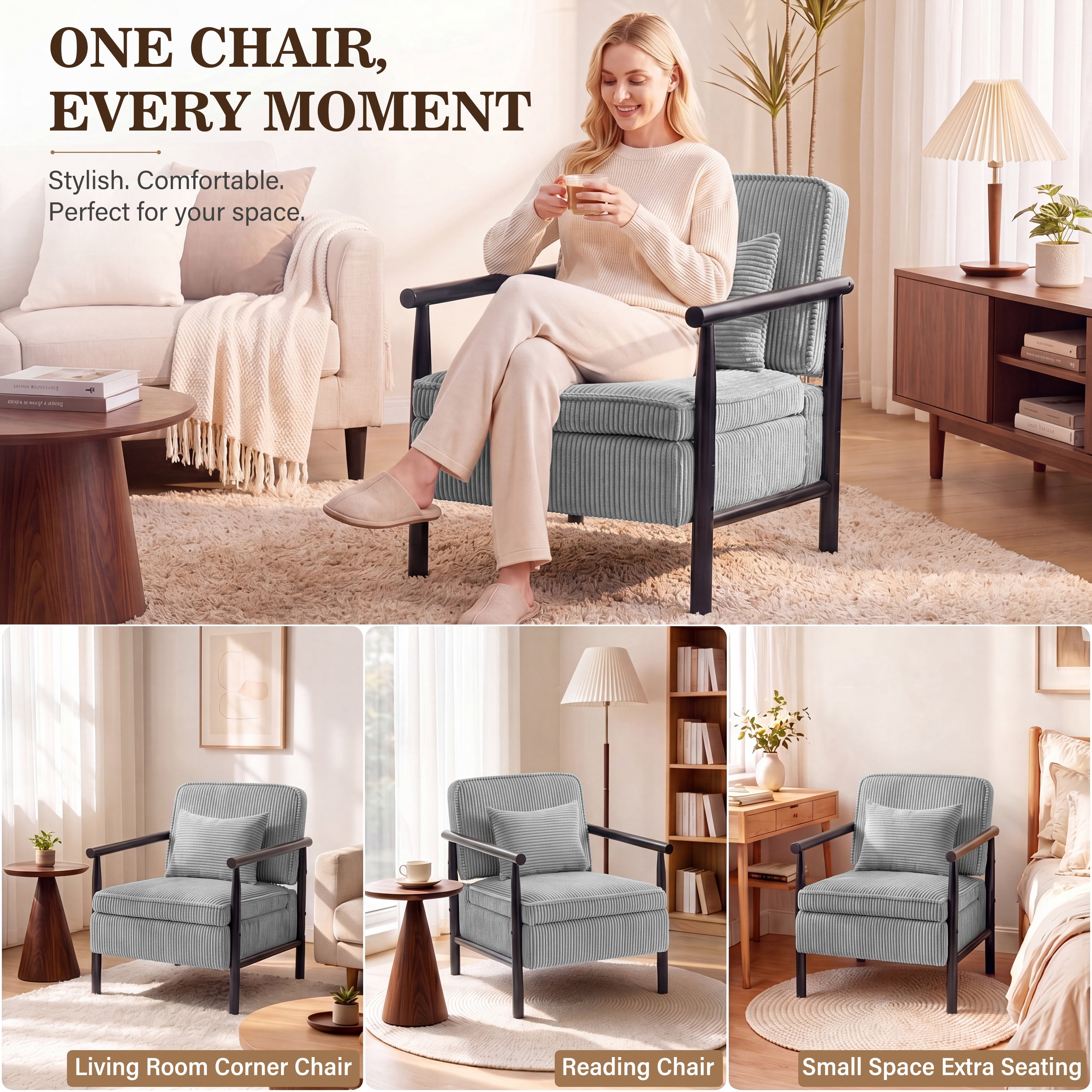 Accent Chair with Hidden Storage, LEGAHOME Antique Gray Modern Arm Chair for Living Room, Comfy Corduroy Reading Armchair for Bedroom, with Solid Wood Leg for 250lbs Weight Capacity
