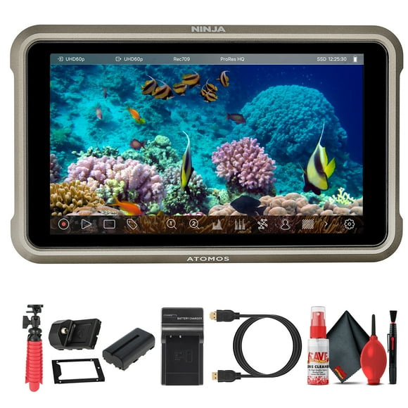 Atomos Ninja 5,2 Pouces 4K HDMI Moniteur d'Enregistrement / HDR Écran Tactile 10 Bits avec ProRes et Enregistrement DNx, Prise en Charge SSD, Lecture en Temps Réel (ATOMNJA004) + Batterie NPF-550 + Trépied Flexible + Plus