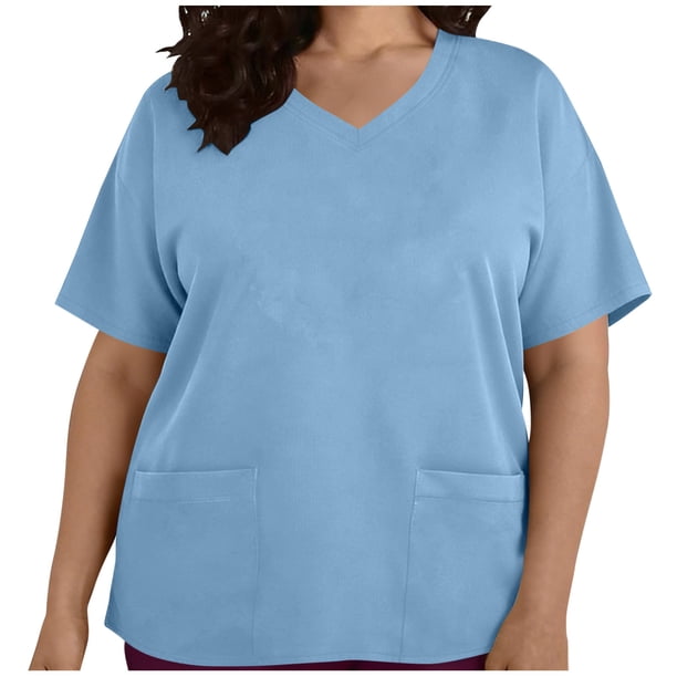 Tamaño Más Manga Corta Tops para las Mujeres V Cuello Bolsillo Suéter Blusa Casual Camisa Uniforme