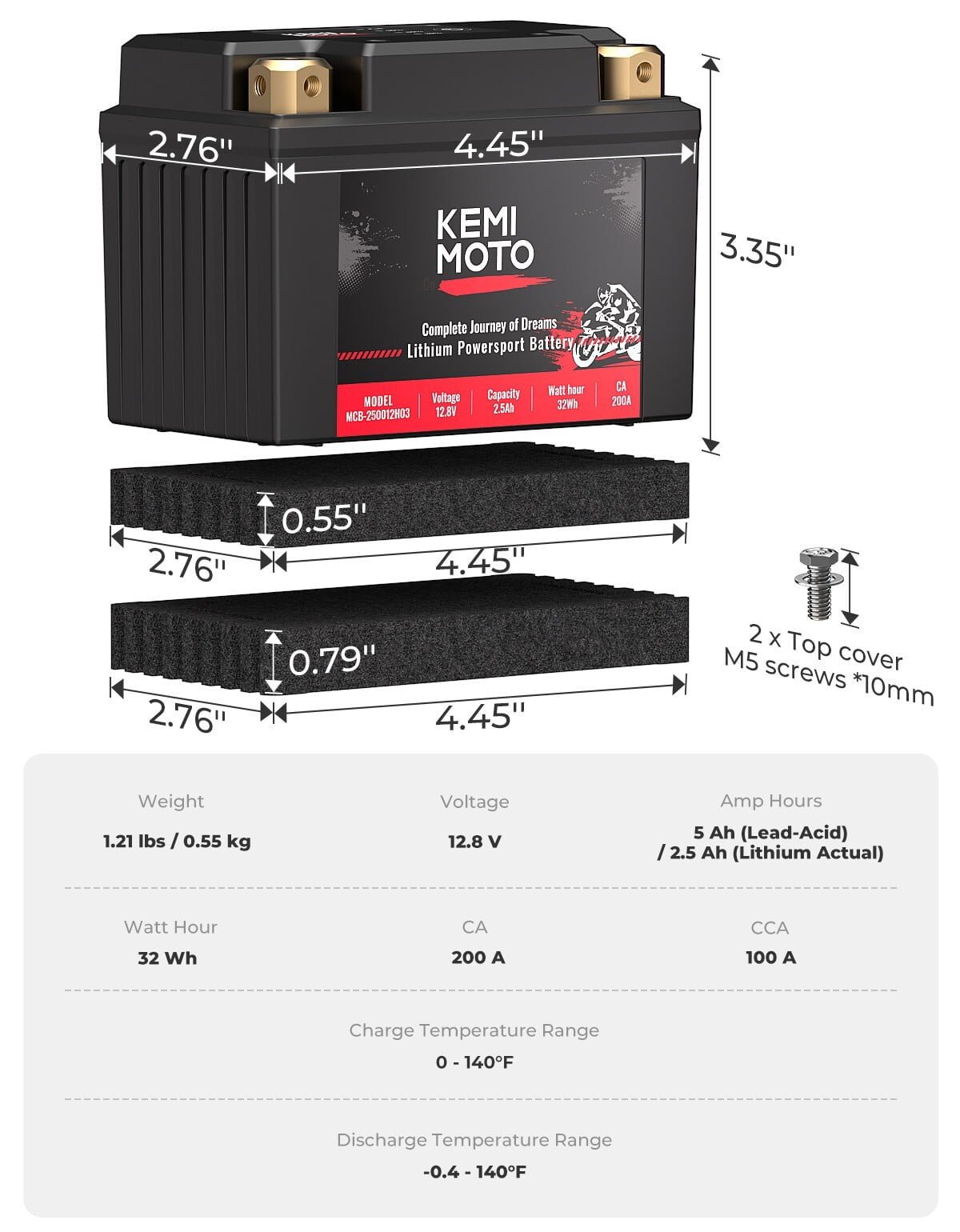 Kemimoto 2.5Ah LiFePO4 Lithium Motorcycle Battery YTX5L-BS / YTX4L-BS for Lawn Mower ATV