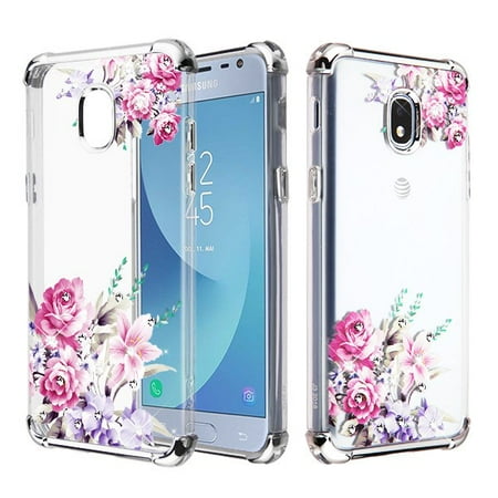 Clear Pink Case - Samsung Galaxy J3 2018,Express Prime 3,J3 Achieve, J3 V,J3 Star Phone Case Hybrid Shockproof Armor Silicone Rubber Rugged Protective TPU Slim Cover Clear Pink Flower Case for Samsung Galaxy J3 2018