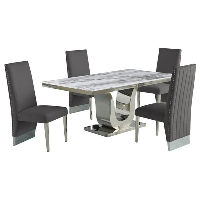 White Marble 5 piece Dining Set with Silver Stainless Steel Base