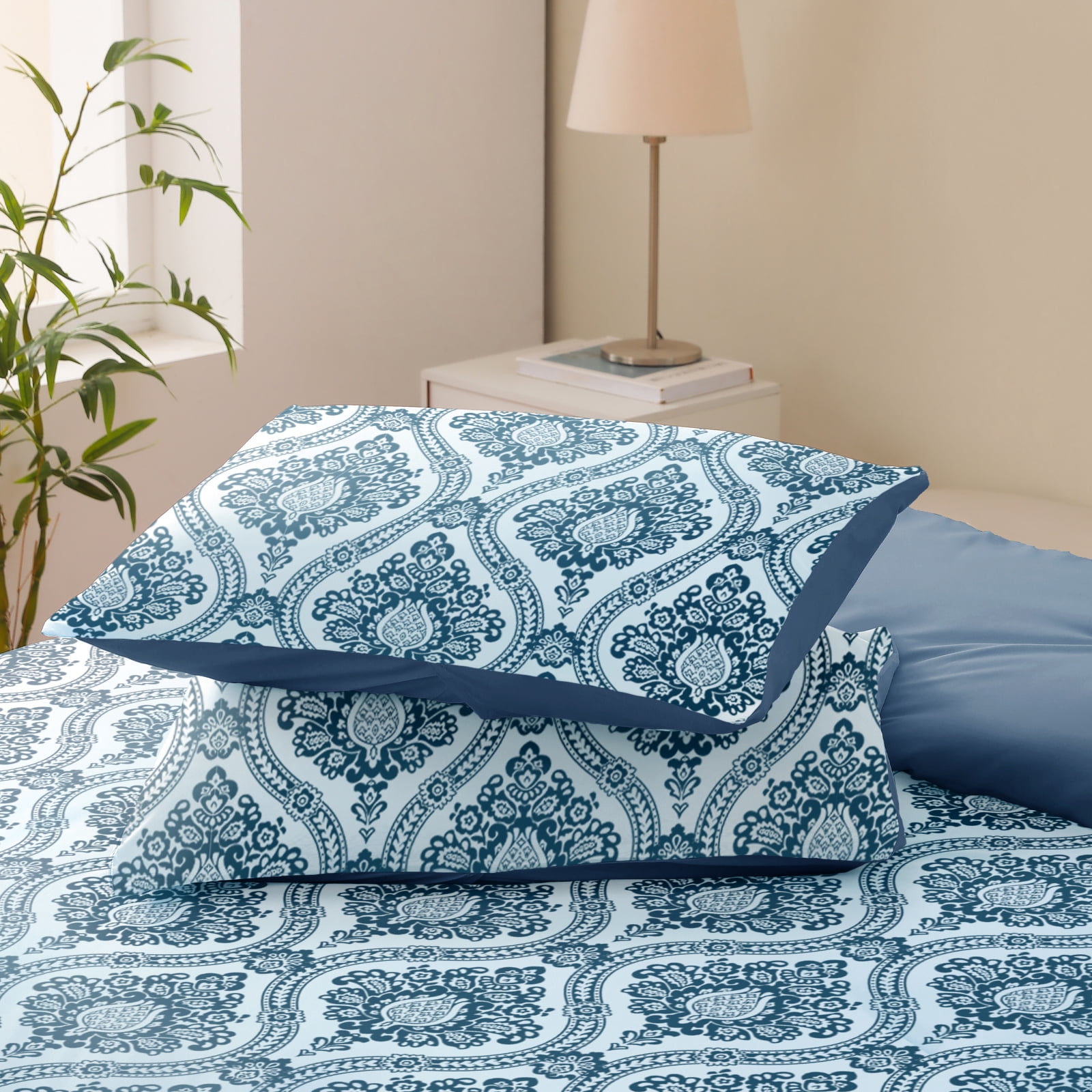 Exclusivo Mezcla 2-Piece Boho Damask Twin Comforter Set, Microfiber Bedding Down Alternative Comforter for All Seasons with 1 Pillow Sham, Navy Blue