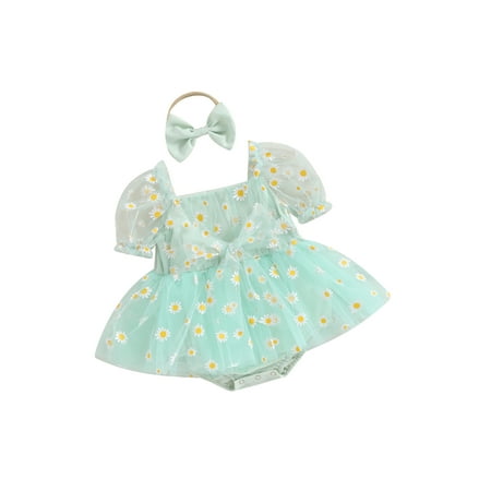 

jaweiwi Baby Toddler Girl 2Pcs Summer Romper Dresses 0 3 6 12 18 Months Short Puff Sleeve Daisy Print Romper Tulle Dress with Headband