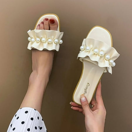 

ZXHACSJ Summer Ladies Ladies Fashion Casual Flat Retro Slippers Pearl Shoes Sandals Beige 40