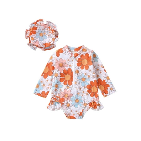 

hirigin Infant Girl s Summer Swimsuit Flower Print Long Sleeve Round Neck Zipper Closure Ruffle Bikini + Swimming Cap