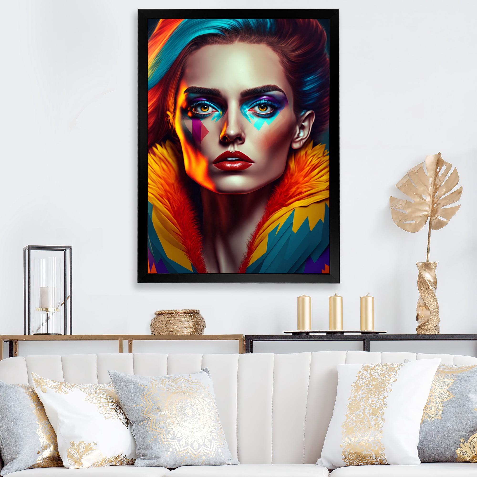 Designart Colorful Sensual Woman In Fur Coat IV Framed Wall Art