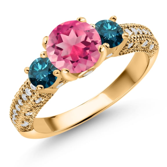 Gem Stone King 18K Yellow Gold Plated Silver Pink Mystic Topaz Blue Diamond and White Moissanite Engagement Ring for Women (2.27 Cttw, Gemstone, Round 7MM and 4MM, Size 8)