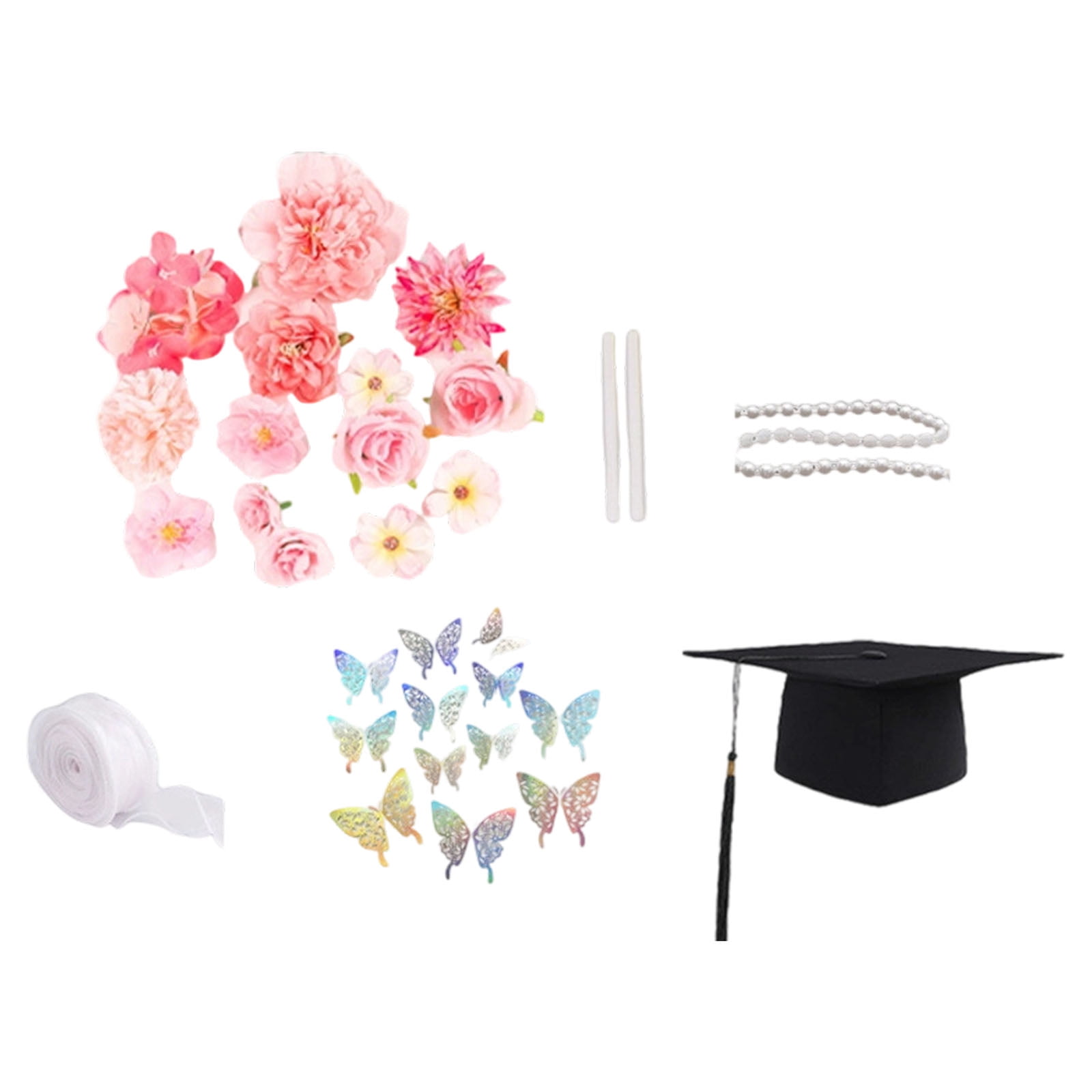 Graduation Hat Top Decoration Set With Butterfly Sticker Artificial Flower Pearls Chain For Art Craft Project